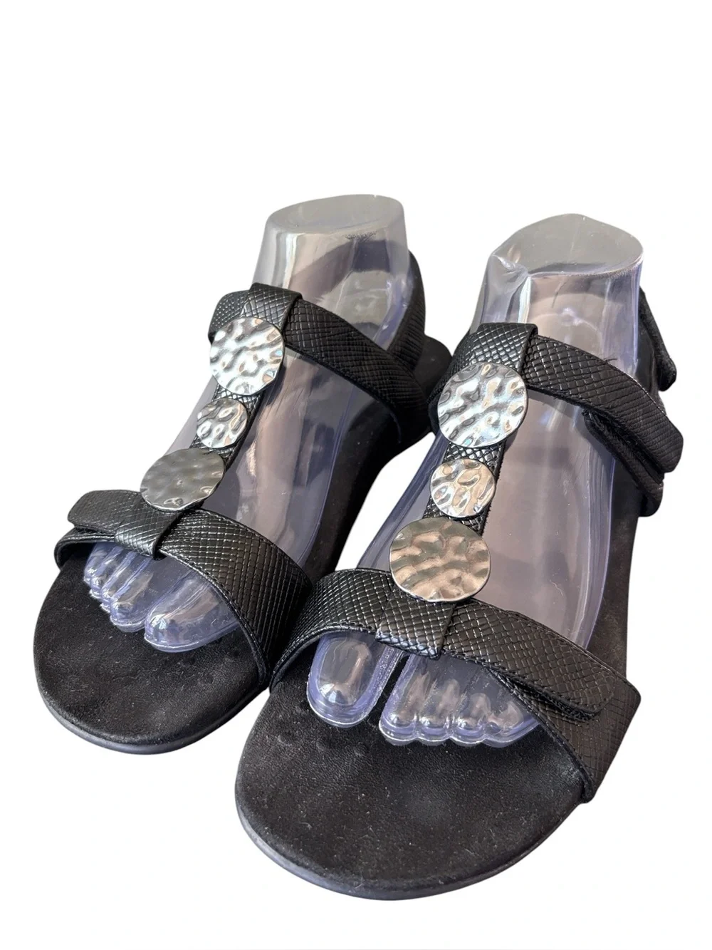 Vionic Farra Lizard Black Faux Leather Sandals Metallic Accent Size 8